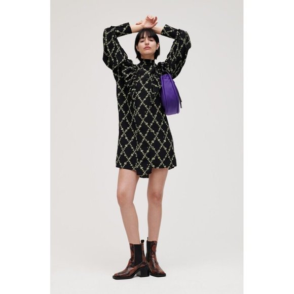 NWT GANNI Crepe Floral Print Mini Dress in Black Margarita Ruffle  sz 36 /655 - Picture 2 of 10